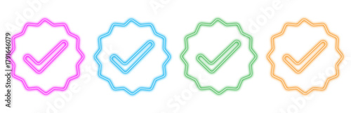 Colorful neon check mark icons set isolated on a white background representing verification approval success and confirmation in a vibrant modern style with glowing outlines