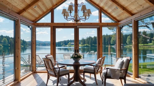 Bright wooden interior of a lakeside sunroom with large windows, offering a stunning view of calm water and lush greenery outside