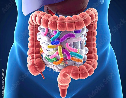 Intestines surrounded by blue torso, various bacteria inside