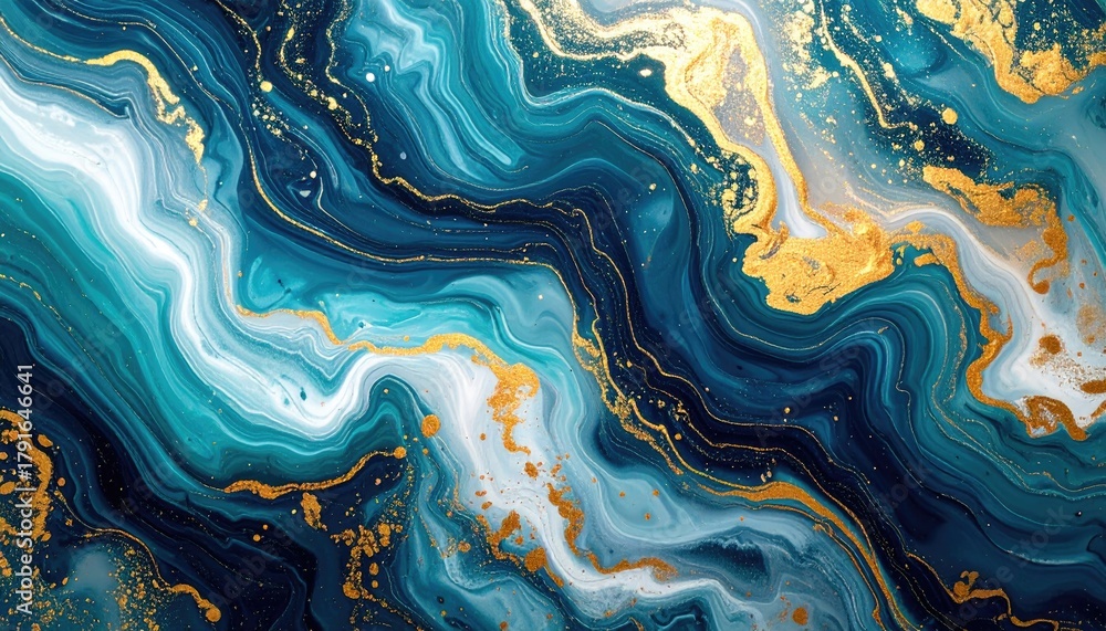 Obraz premium Marble abstract in blues, gold, white swirl pattern
