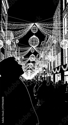 Anonymous persons profile silhouette against bright city lights.