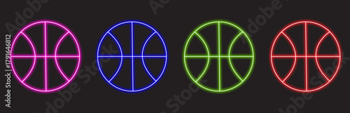 A set of four colorful neon basketball icons isolated on a dark background, representing digital sports graphics and modern game design elements