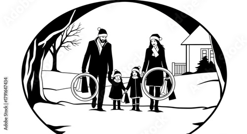 Black and white illustration of a family of four walking together.