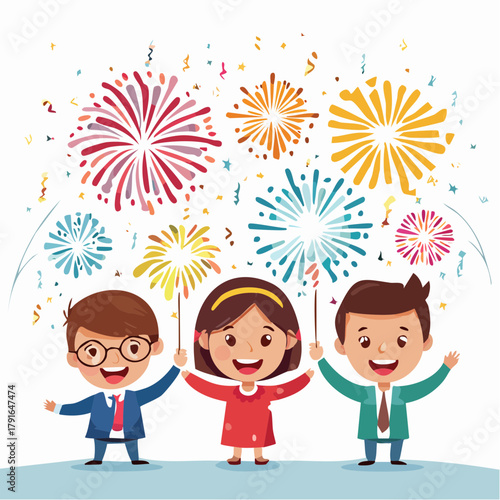 Celebration of Friends Joyful Children with Fireworks Display