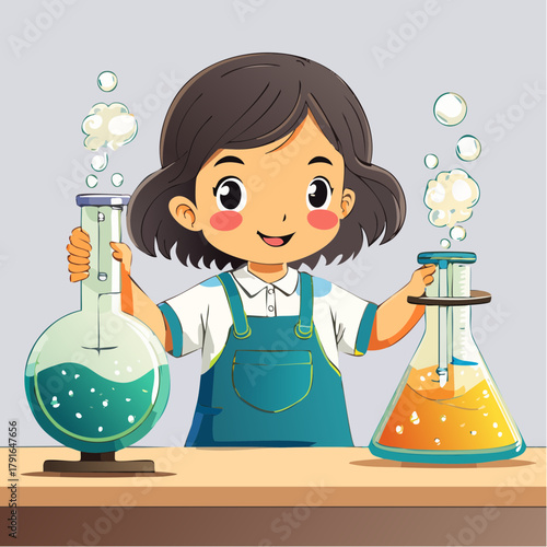 Joyful cartoon girl scientist experimenting with vibrant liquids in glass flasks, a fun concept for STEM education and discovery