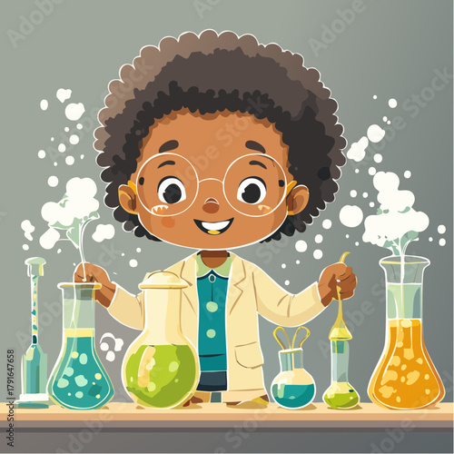 Young Scientist Enthusiastically Engages in a Colorful Chemistry Experiment, Fostering Curiosity and Hands-On Learning in a Vibrant Laboratory Setting