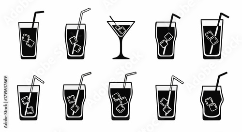 Refreshing Black and White Drinks Icon Set for Cocktail and Beverage Designs