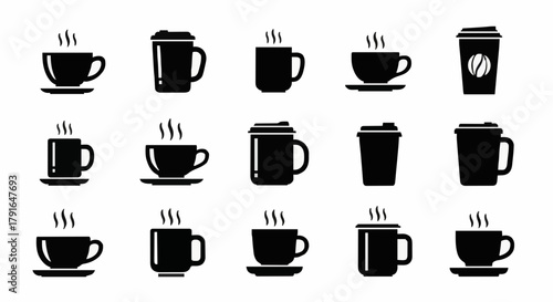 Variety of steaming coffee cups and mugs, a diverse collection of hot beverage drinkware silhouettes for cafes and morning routines, perfect for menu design or web elements