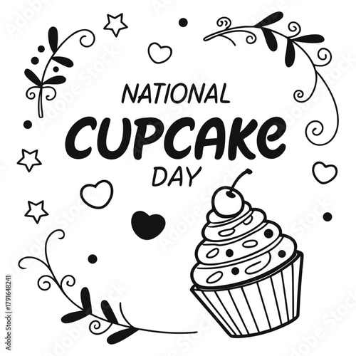 National Cupcake Day Vector Illustration, Colorful Sweet Cupcakes with Frosting and Sprinkles Isolated on White Background