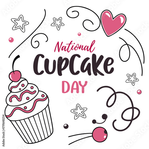 National Cupcake Day Vector Illustration, Colorful Sweet Cupcakes with Frosting and Sprinkles Isolated on White Background