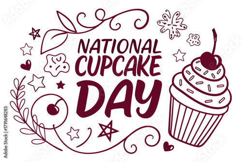 National Cupcake Day Vector Illustration, Colorful Sweet Cupcakes with Frosting and Sprinkles Isolated on White Background
