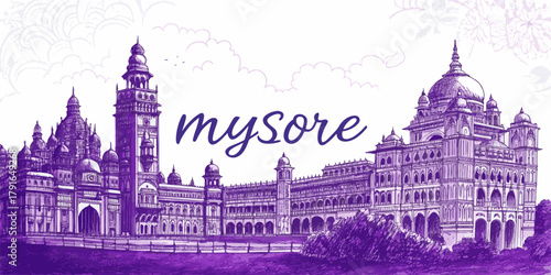 Mysore Skyline Sketch with Chamundi Hill, Mysore Palace, and St. Philomena’s Church | Cultural Art for Travel, Tourism, Poster & Souvenir Use