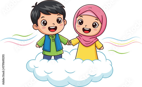 Cartoon children standing on fluffy cloud, smiling boy and girl holding hands with colorful lines and cheerful whimsical background