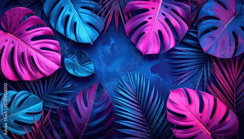 Neon foliage collage vivid pink and blue monstera, palm leaves