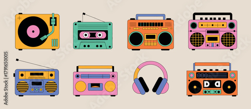Retro music devices colorful illustration for vintage audio and nostalgic electronics design