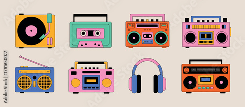 Vintage music devices vector illustration with colorful retro style for audio enthusiasts