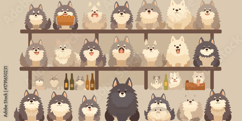 様々な表情の可愛い犬のキャラクターが棚に並ぶベクターイラストレーション