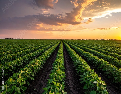 Rows of crops under a dramatic, orange-tinted sunset