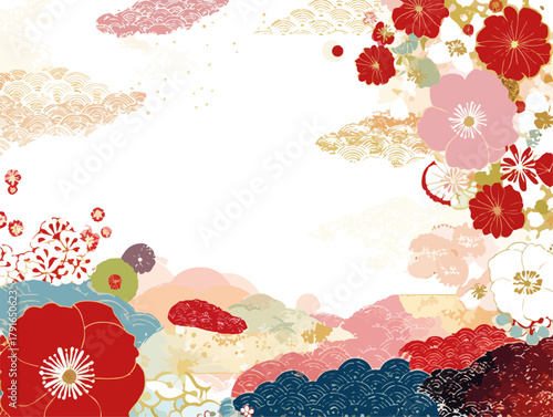和風の花と雲のベクターイラストレーション。伝統的な日本のデザイン要素で彩られた背景。