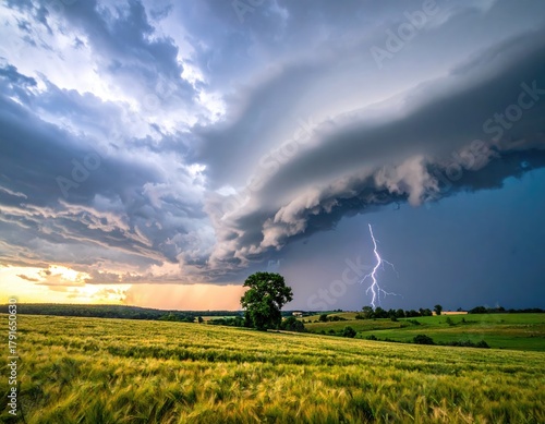 Stormy sky, lightning strikes over golden field at sunset