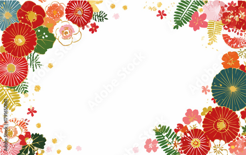 鮮やかな花々が彩る、和風の華やかな装飾ベクターイラスト。お祝いや季節のイベントに最適。