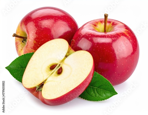 Three apples, one halved, with leaves. Shiny red