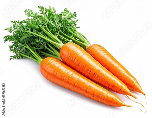 Three carrots with lush green tops on a white surface