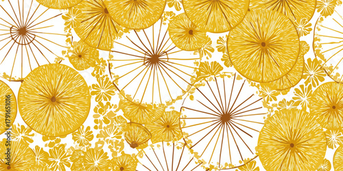 和傘と小花が重なり合う、黄色と白のテクスチャ背景。和風の装飾デザイン。