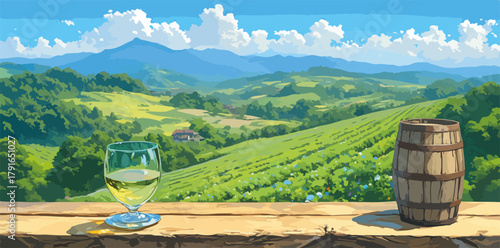ブドウ畑とワイン樽、そしてグラスに注がれたワインが広がる美しい田園風景のベクターイラスト