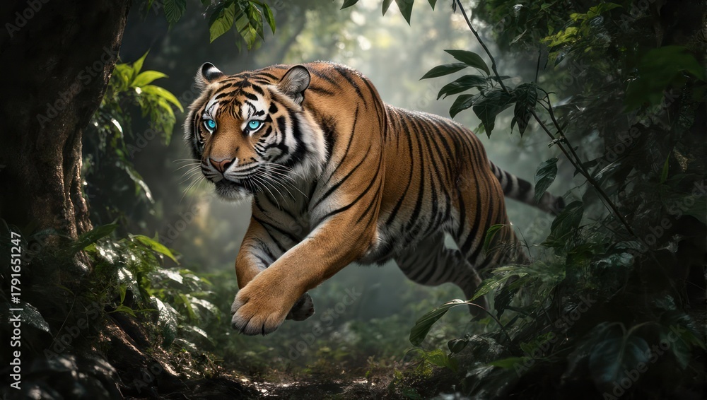 Fototapeta premium Majestic Bengal Tiger Stalking Through Dense Tropical Jungle Under Lush Green Canopy.