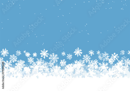 冬の青空に舞う雪の結晶のベクターイラスト。雪景色と冬の季節感を表現。