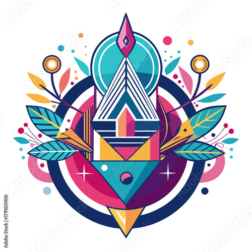 Vibrant geometric abstraction with floral accents, a modern design element perfect for branding, posters, or creative projects with a touch of natural flair