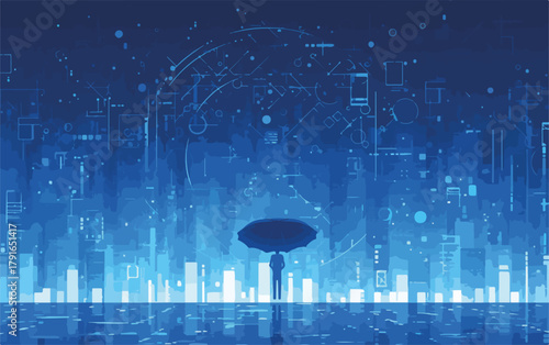 雨傘を差した人物が未来的な都市のホログラムに囲まれ、デジタル世界の保護を表現したベクターイラスト。