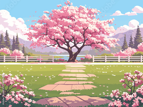 満開の桜の木が中央にあり、石畳の小道と緑豊かな芝生が広がる春の牧歌的な風景