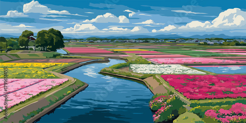 広大な花畑が広がり、川が蛇行する美しい田園風景のベクターイラスト。