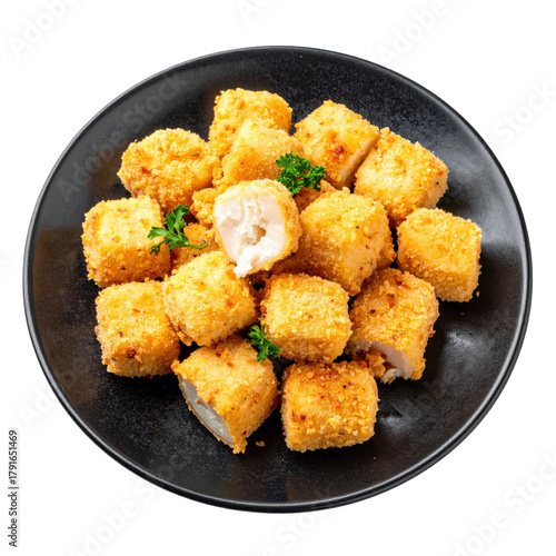 Golden salted cod bites on a dark plate, a savory and flavorful fried appetizer or snack, a traditional dish in mediterranean and portuguese cuisine