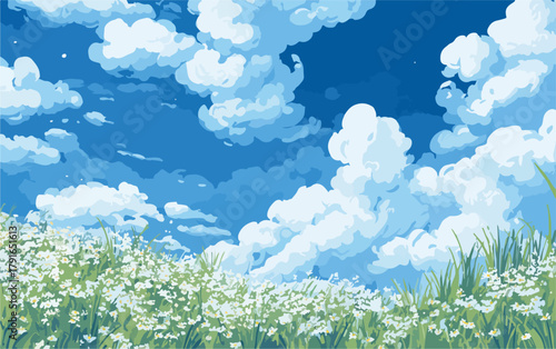 青空に浮かぶ白い雲と、緑豊かな草地に咲く小さな白い花々が広がる、爽やかな夏の風景のベクターイラスト。