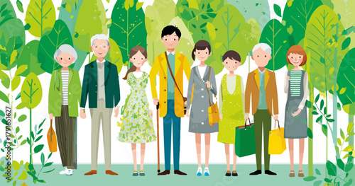 多様な世代の笑顔の家族が自然の中で手を取り合い、環境保護と持続可能な未来を象徴するベクターイラスト。