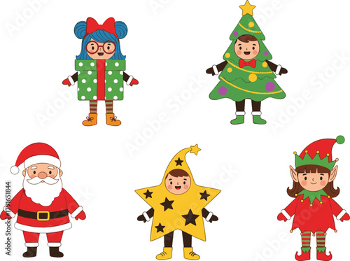 Cartoon kids in Christmas costumes, Santa, elf, tree, gift box, star, festive holiday outfit, cute children, winter celebration, joy