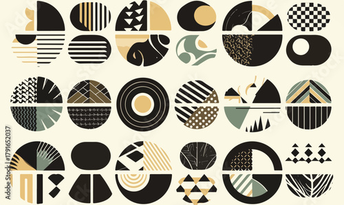 幾何学模様とテクスチャの抽象的なベクターイラストレーション、レトロなデザイン要素のコラージュ。