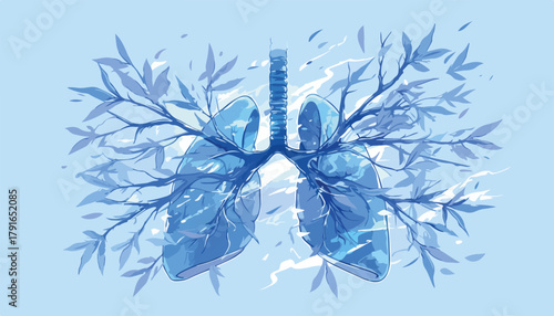 青い葉と枝が絡み合う肺のベクターイラスト。健康と自然の象徴。