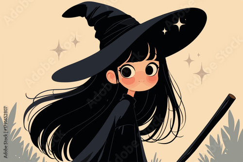 黒い衣装と大きな帽子をかぶった、ほうきを持ったかわいい魔女のベクターイラスト。キラキラと輝く魔法の雰囲気。