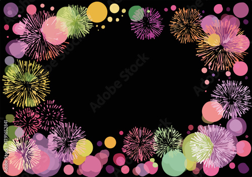 カラフルな花火と丸い光が黒い背景に散りばめられた、お祝いのベクターイラストレーションフレーム。