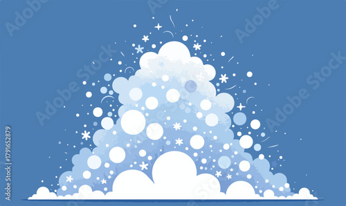 青い空に浮かぶ、キラキラ輝く雪の結晶と泡のような白い雲の幾何学的なイラスト