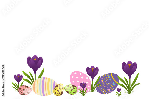 A delightful spring border with colorful Easter eggs nestled among blooming purple crocuses and green leaves. Ideal for holiday cards, invitations, or website banners.