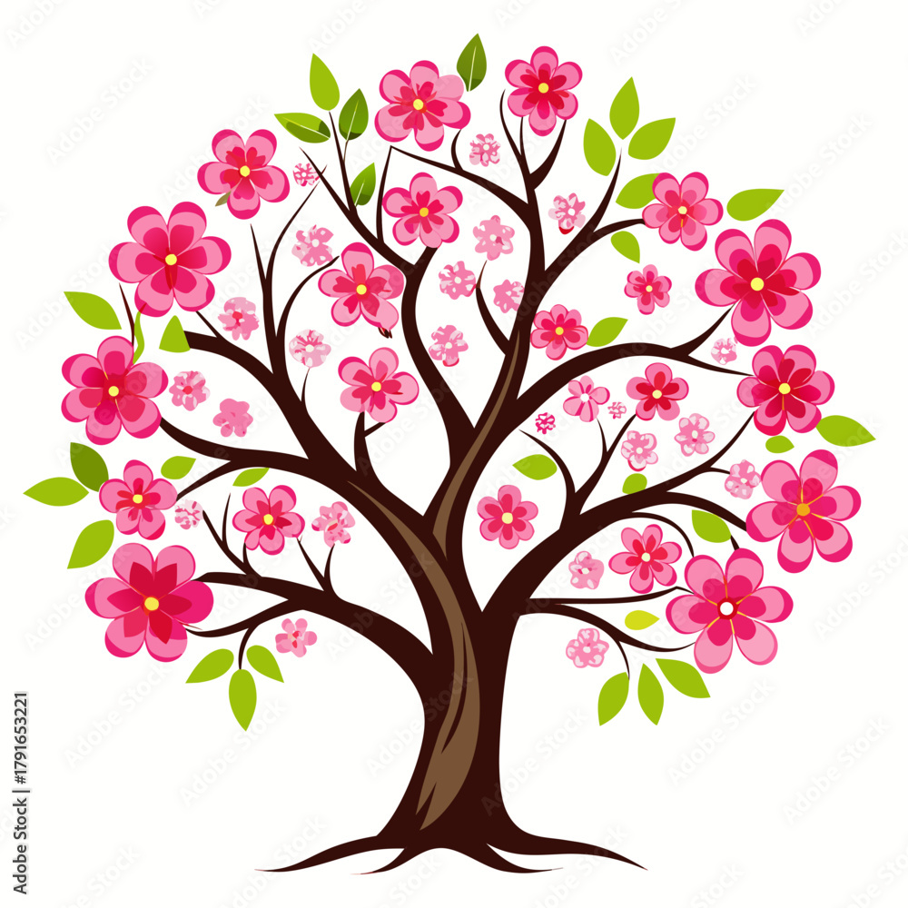 Fototapeta premium Whimsical pink blossom tree celebrating spring's arrival, perfect for greeting cards, invitations, nature designs and adding a touch of vibrant floral elegance