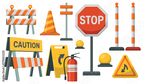 Traffic control elements with road barriers cones and signs flat vector isolated on white background