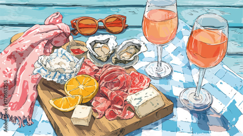 屋外でのピクニックでロゼワインと生牡蠣、生ハム、フルーツ、チーズを楽しむイラスト