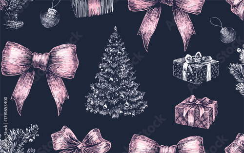 クリスマスツリー、ギフトボックス、リボン、オーナメントのシームレスなベクターパターン。手描きの冬の休日のお祝いの背景。
