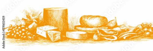 様々な種類のチーズとブドウ、イチジク、ニンニクが描かれたベクターイラスト